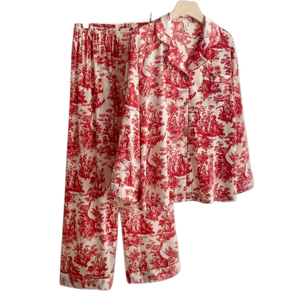 NEW CCB Red & White Silk Satin Toile Ink-Print Button Lapel Collar Pants Pajamas